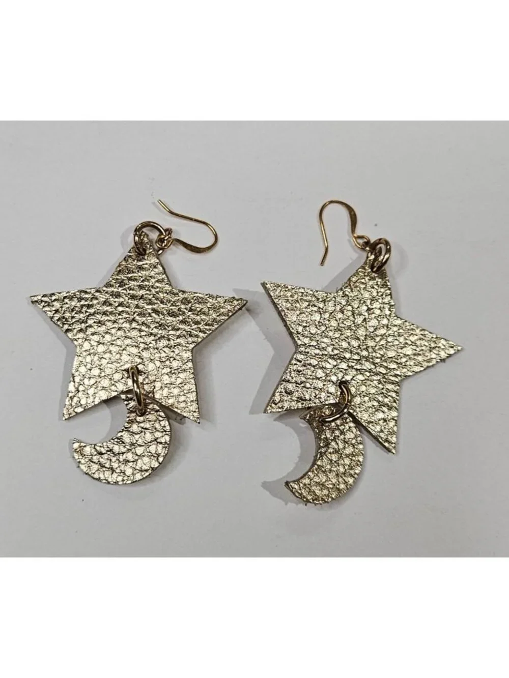 Goldtone Pebbled Faux Leather Star and Crescent Moon Dangle Earrings 2.25 inches